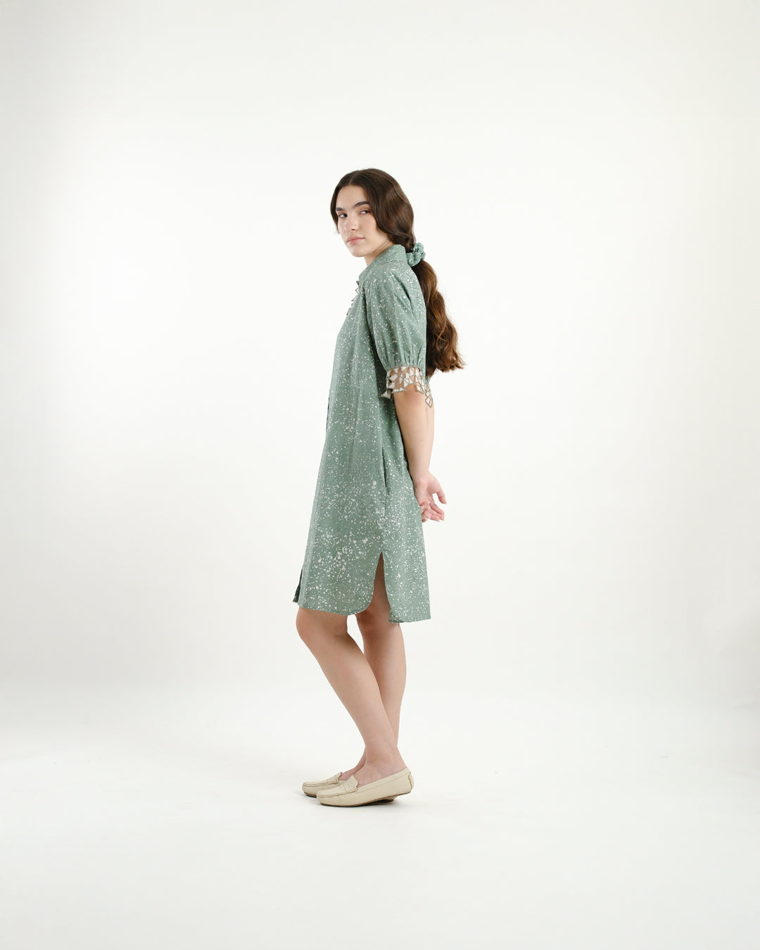 Cool Green Stipples Batik Shirt Dress