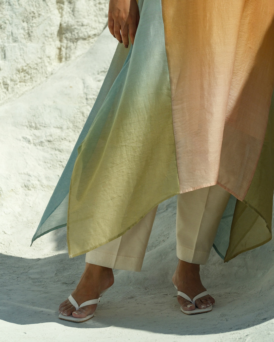 Yellow & Light Blue Silk Chander A-Line Fit Kurta