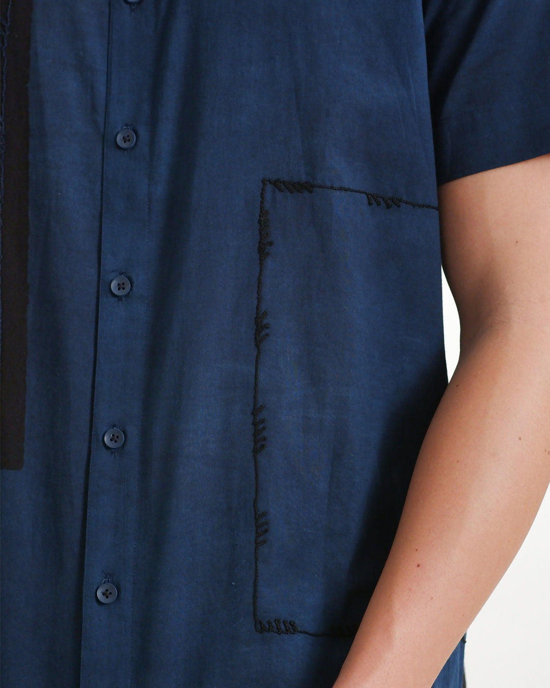 Indigo Colour Block Ajrakh Short Sleeve Shirt