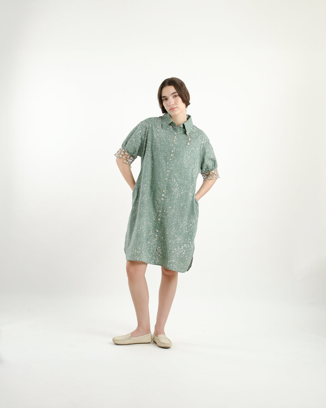 Cool Green Stipples Batik Shirt Dress