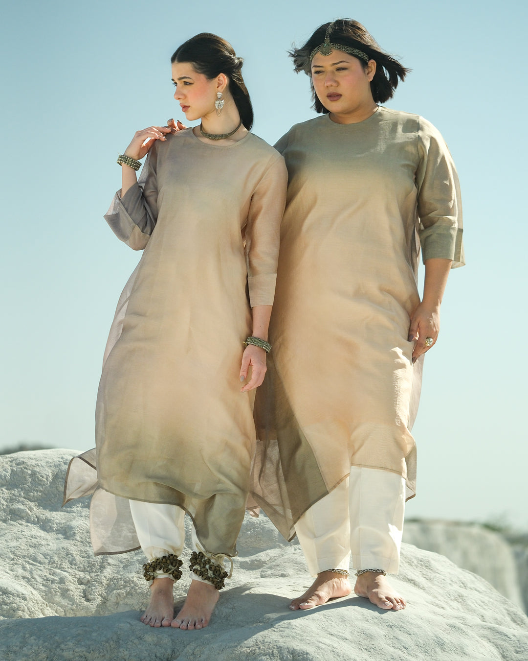 Grey & Beige Silk Chanderi A-line Fit Kurta