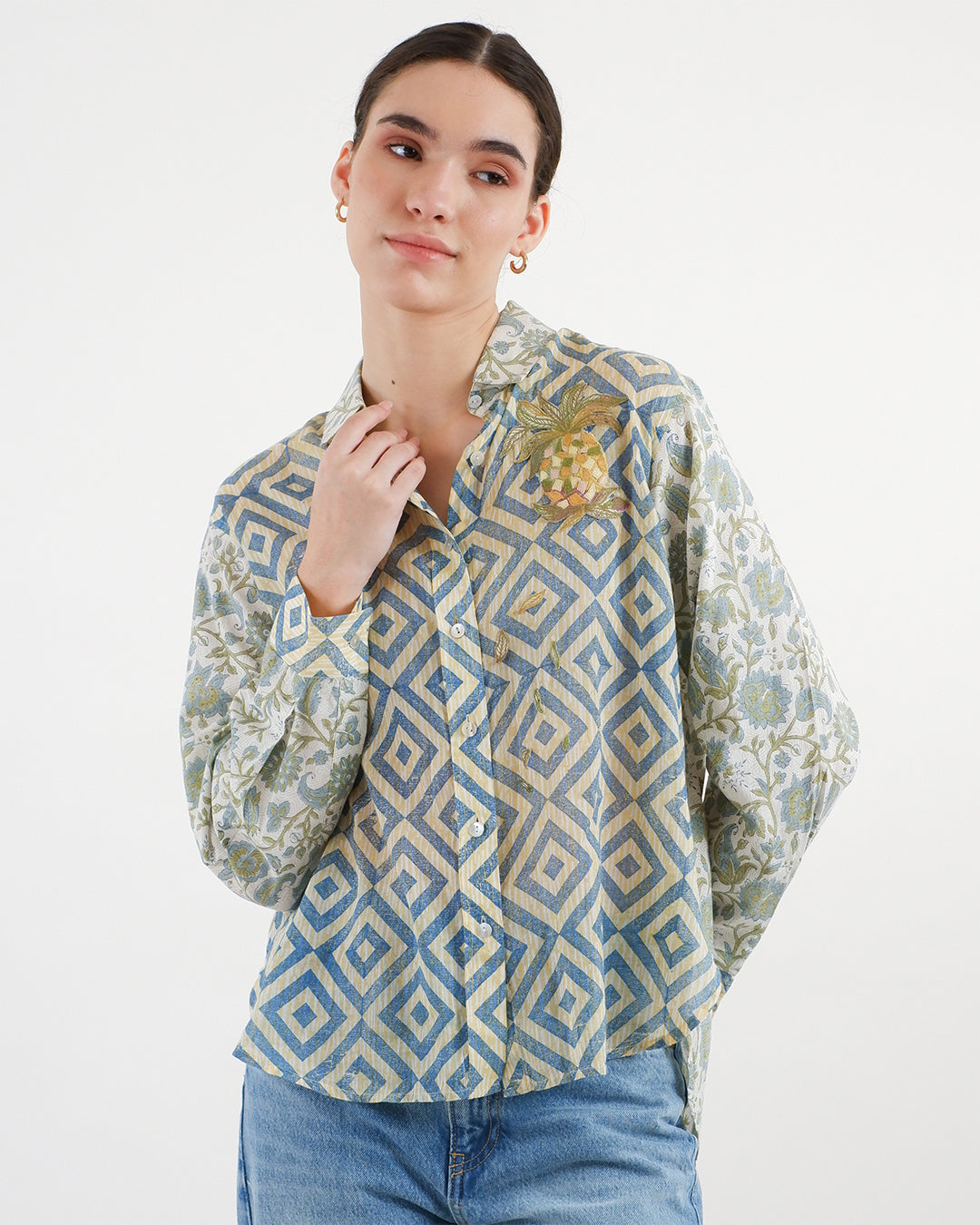 Block Printed Pineapple Emroidered Shirt