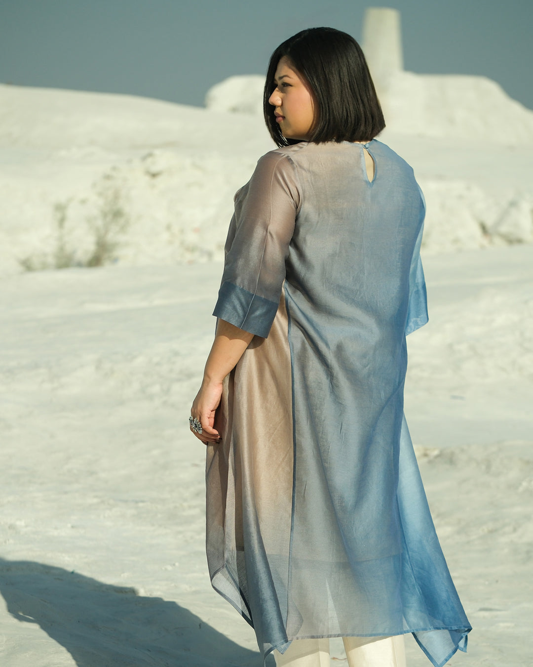 Plus Size Grey & Blue Silk Chanderi A-line Fit Kurta