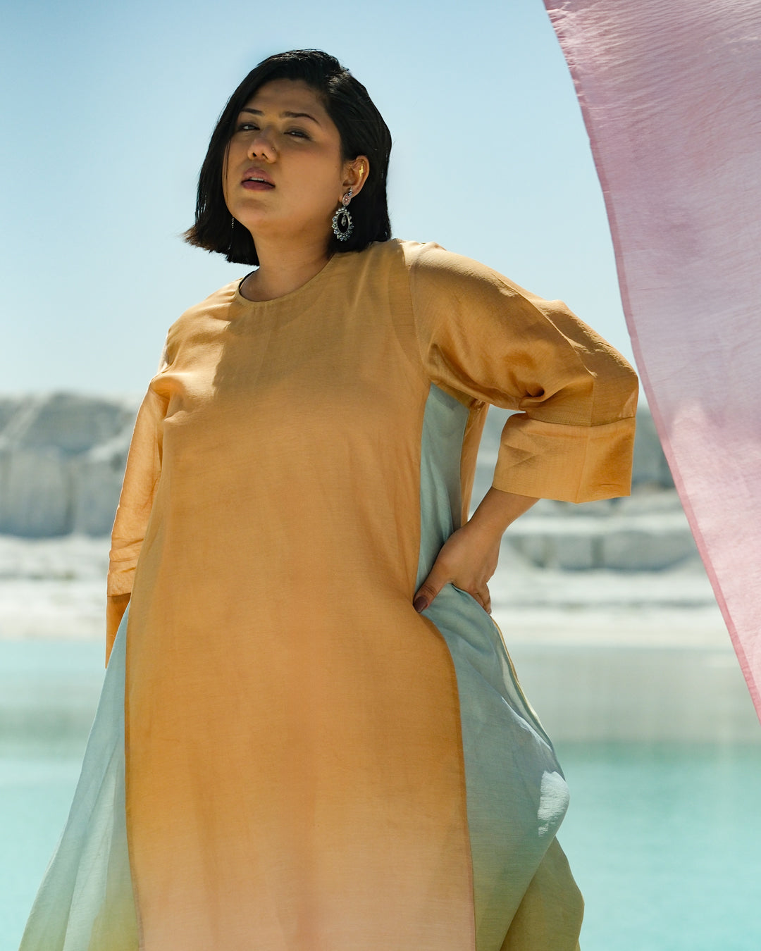 Plus Size Yellow & Light Blue Silk Chander A-Line Fit Kurta