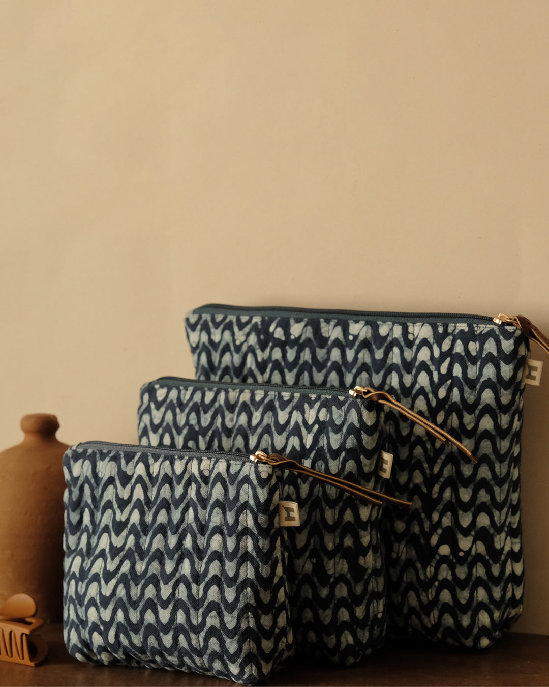 Set of 3 - Twilight Blue Waves Toiletry Pouches