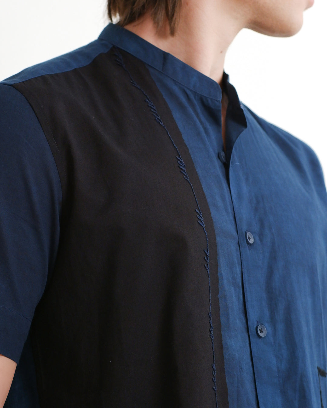 Indigo Colour Block Ajrakh Short Sleeve Shirt