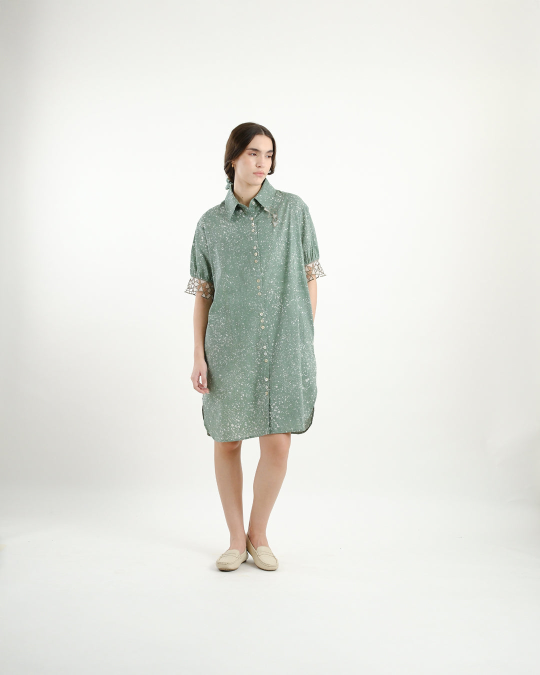 Cool Green Stipples Batik Shirt Dress