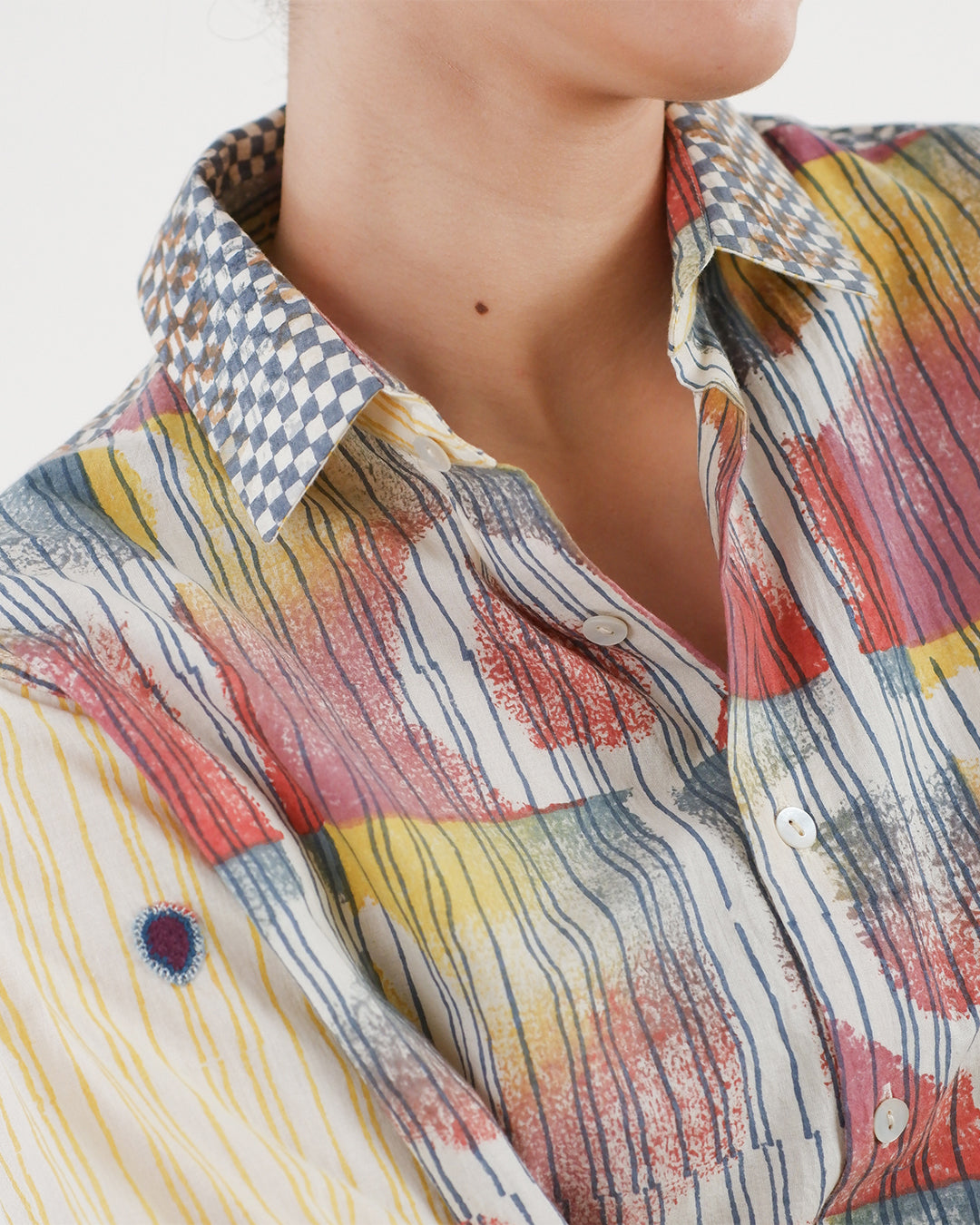 Multi-block Print Deer Embroidered Shirt