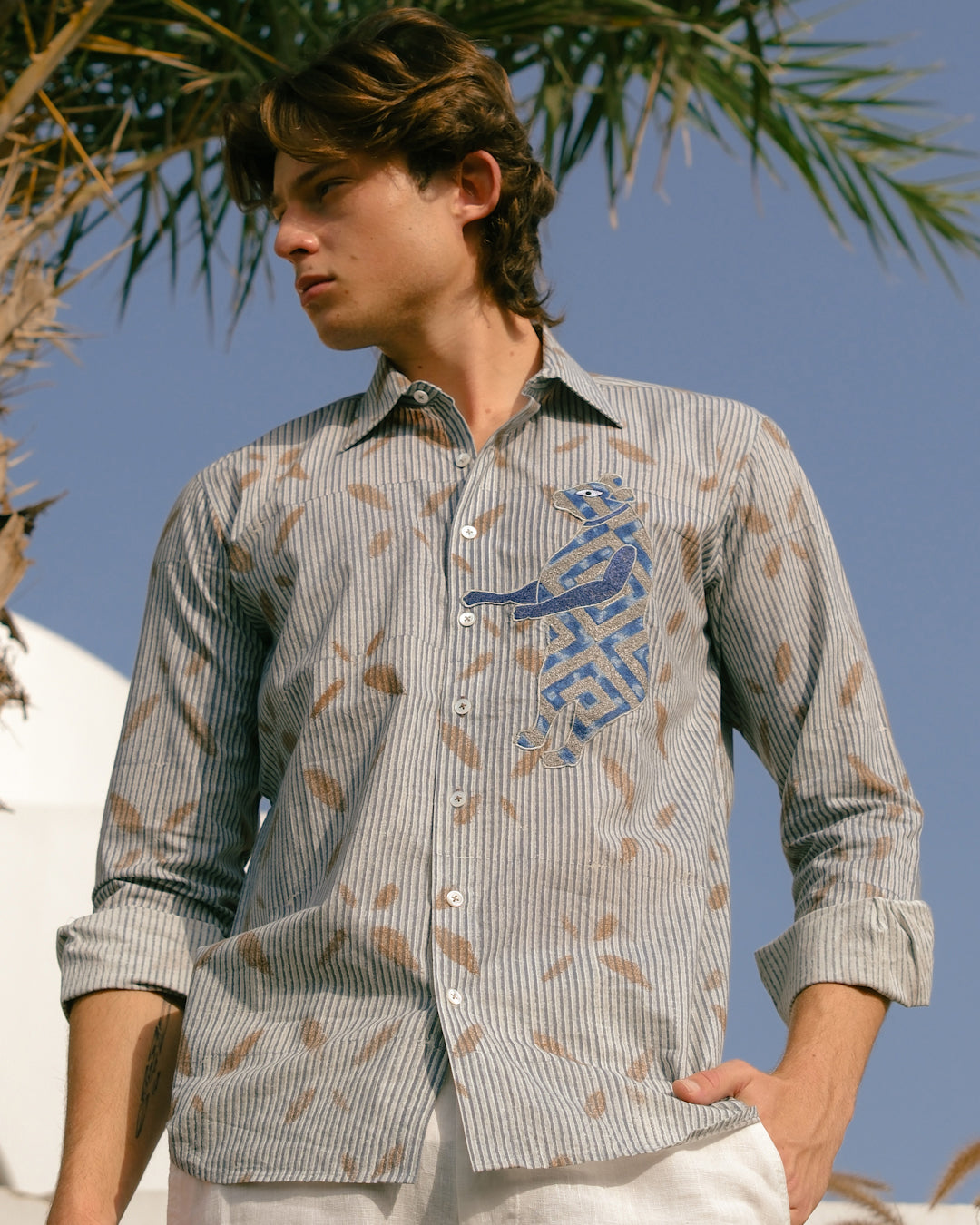 Block Print Embroidered Bear Long Sleeve Shirt