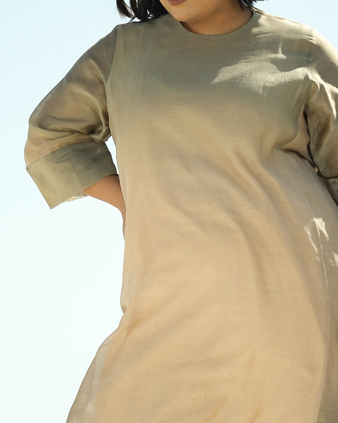 Plus Size Grey & Beige Silk Chanderi A-line Fit Kurta