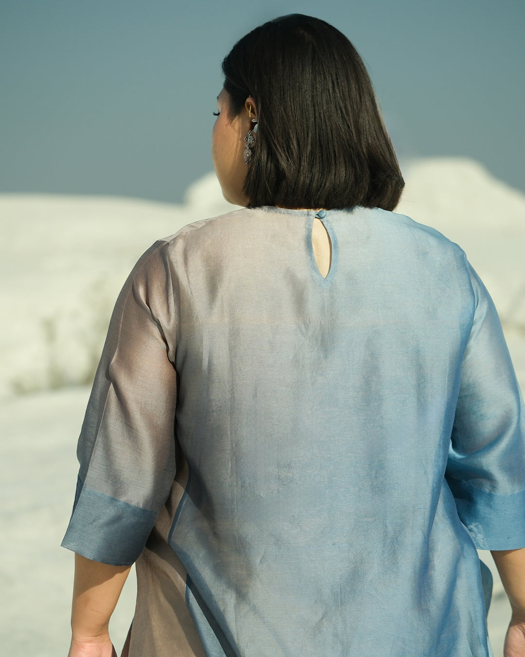 Plus Size Grey & Blue Silk Chanderi A-line Fit Kurta