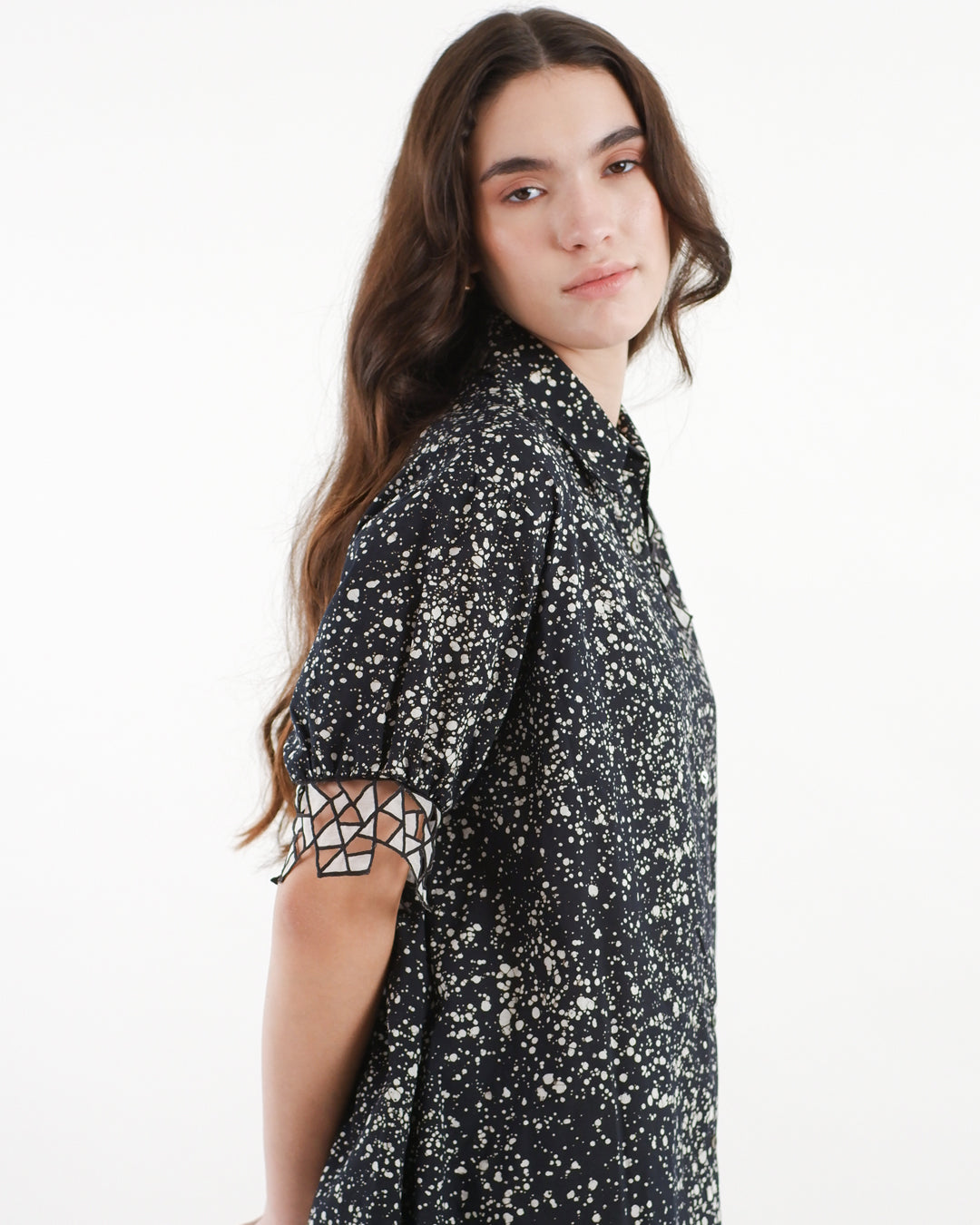 Black Stipples Batik Shirt Dress