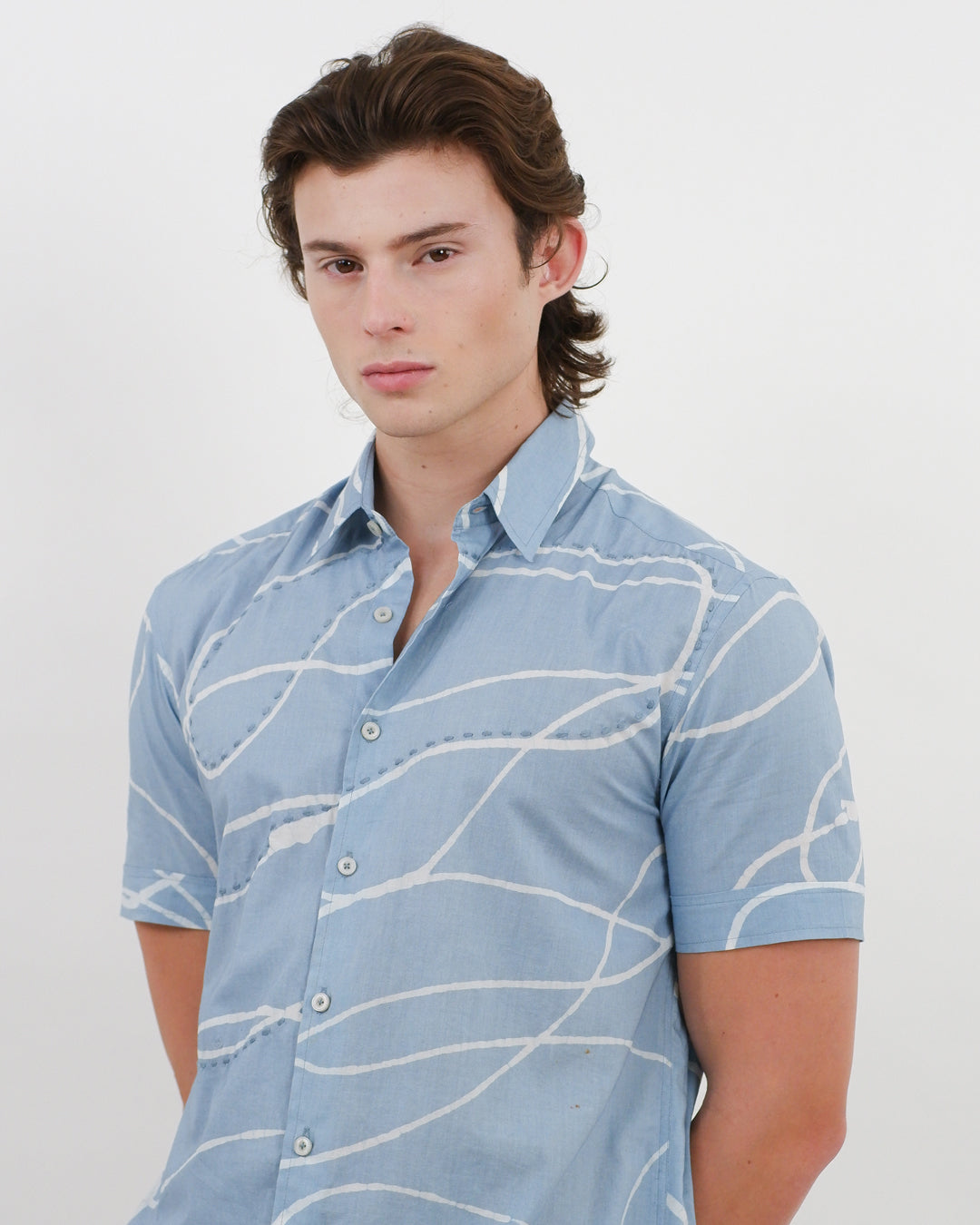 Sky Blue Looped Batik Short Sleeve Shirt