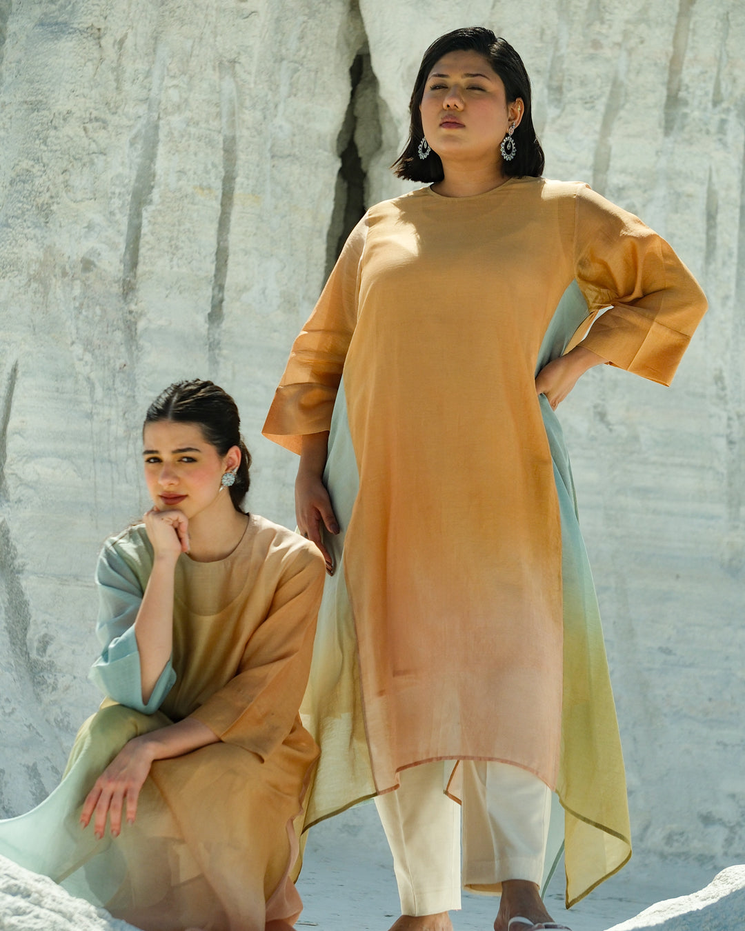 Yellow & Light Blue Silk Chander A-Line Fit Kurta
