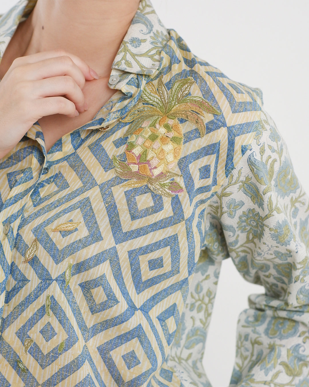 Block Printed Pineapple Emroidered Shirt