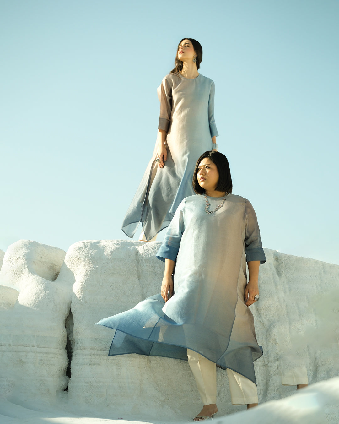 Grey & Blue Silk Chanderi A-line Fit Kurta