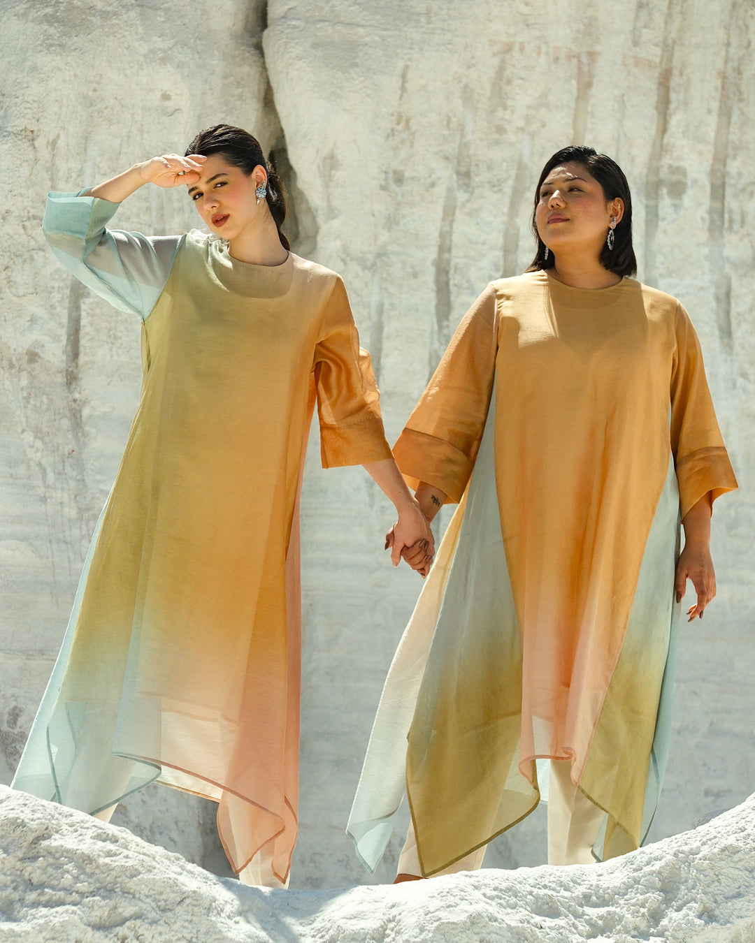 Yellow & Light Blue Silk Chander A-Line Fit Kurta