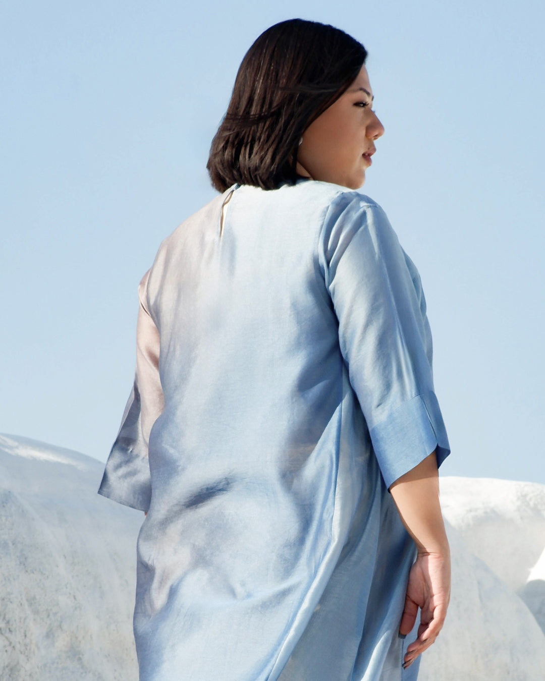 Plus Size Grey & Blue Silk Chanderi A-line Fit Kurta