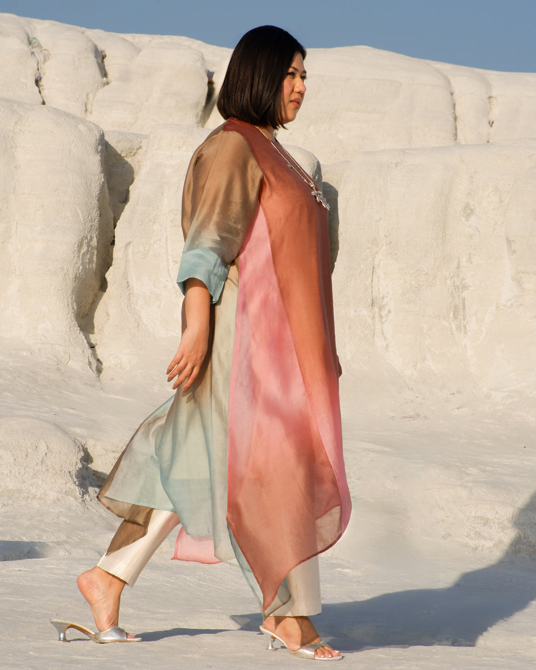 Plus Size Blue & Pink Silk Chanderi A-line Fit Kurta