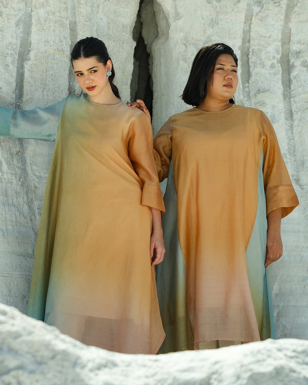 Yellow & Light Blue Silk Chander A-Line Fit Kurta