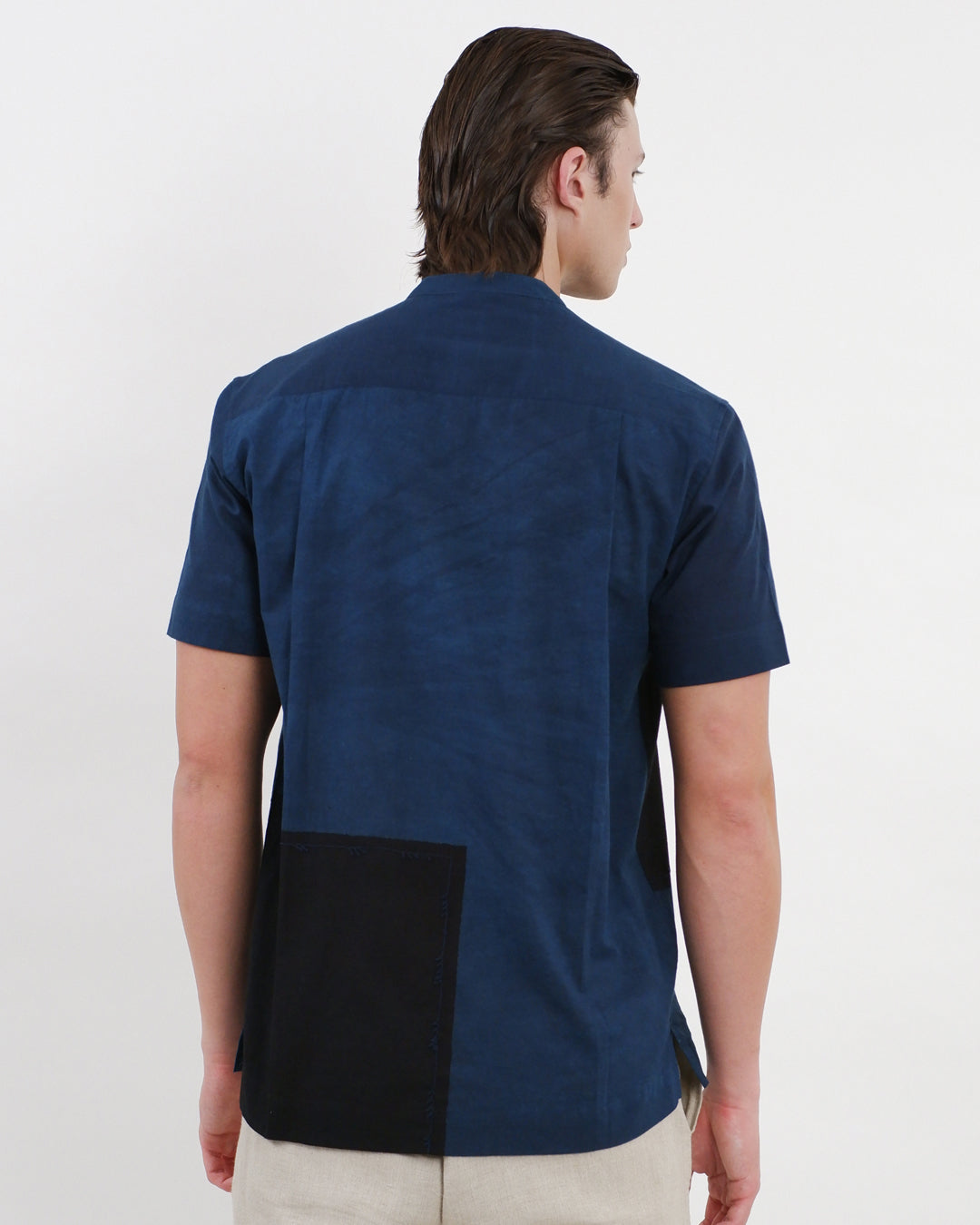 Indigo Colour Block Ajrakh Short Sleeve Shirt