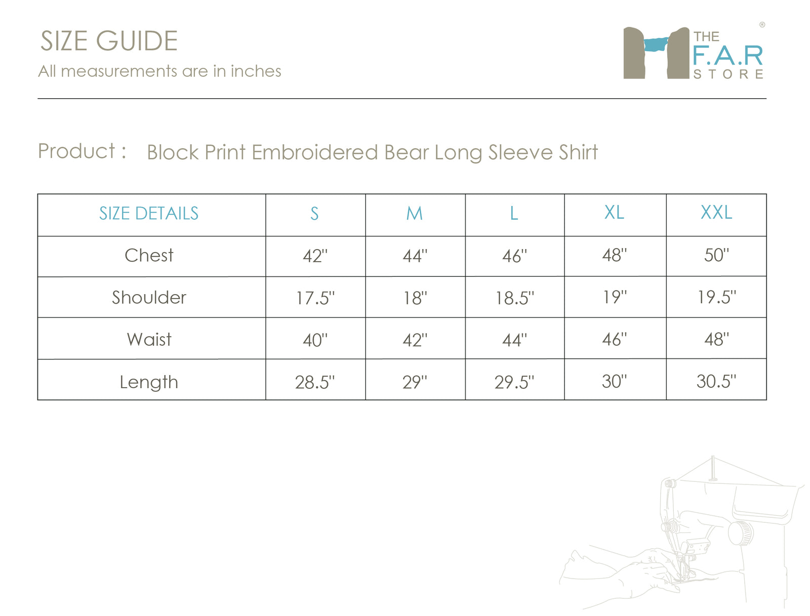 Block Print Embroidered Bear Long Sleeve Shirt Size Guide