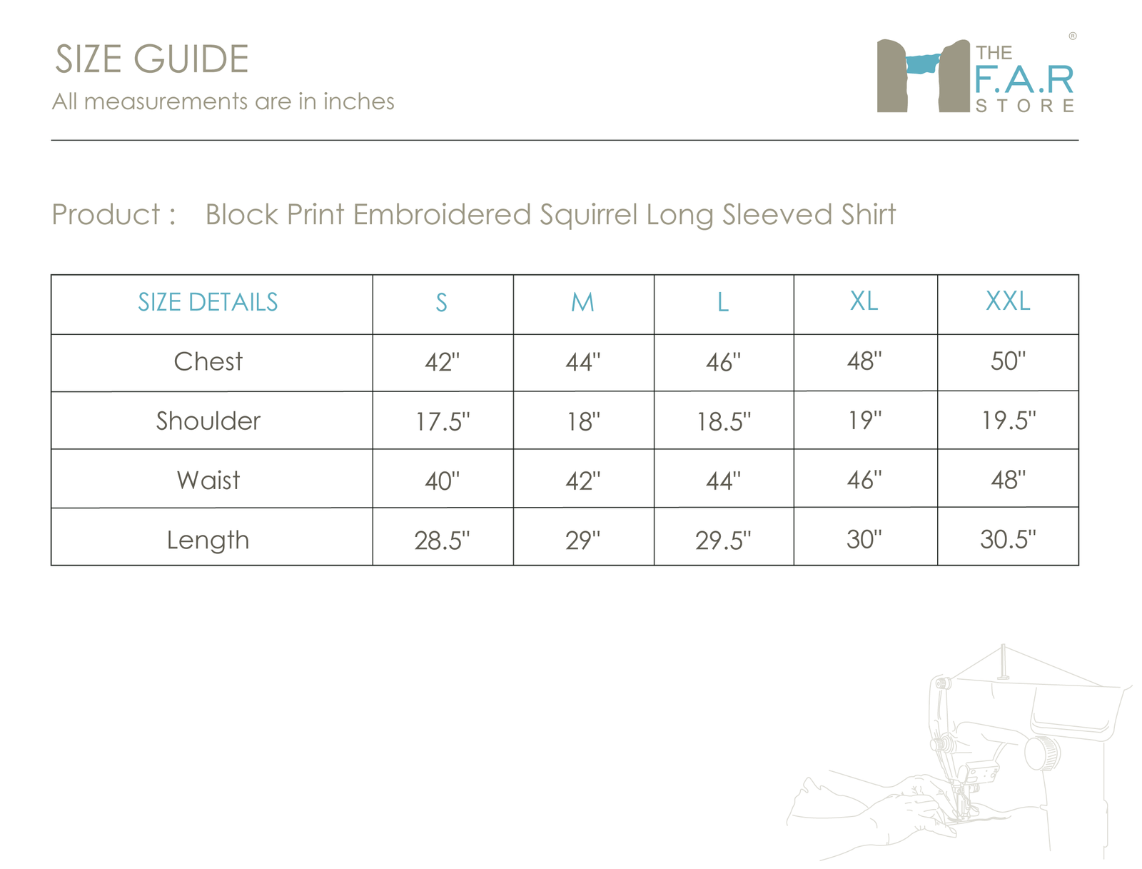 Block Print Embroidered Squirrel Long Sleeve Shirt Size Guide