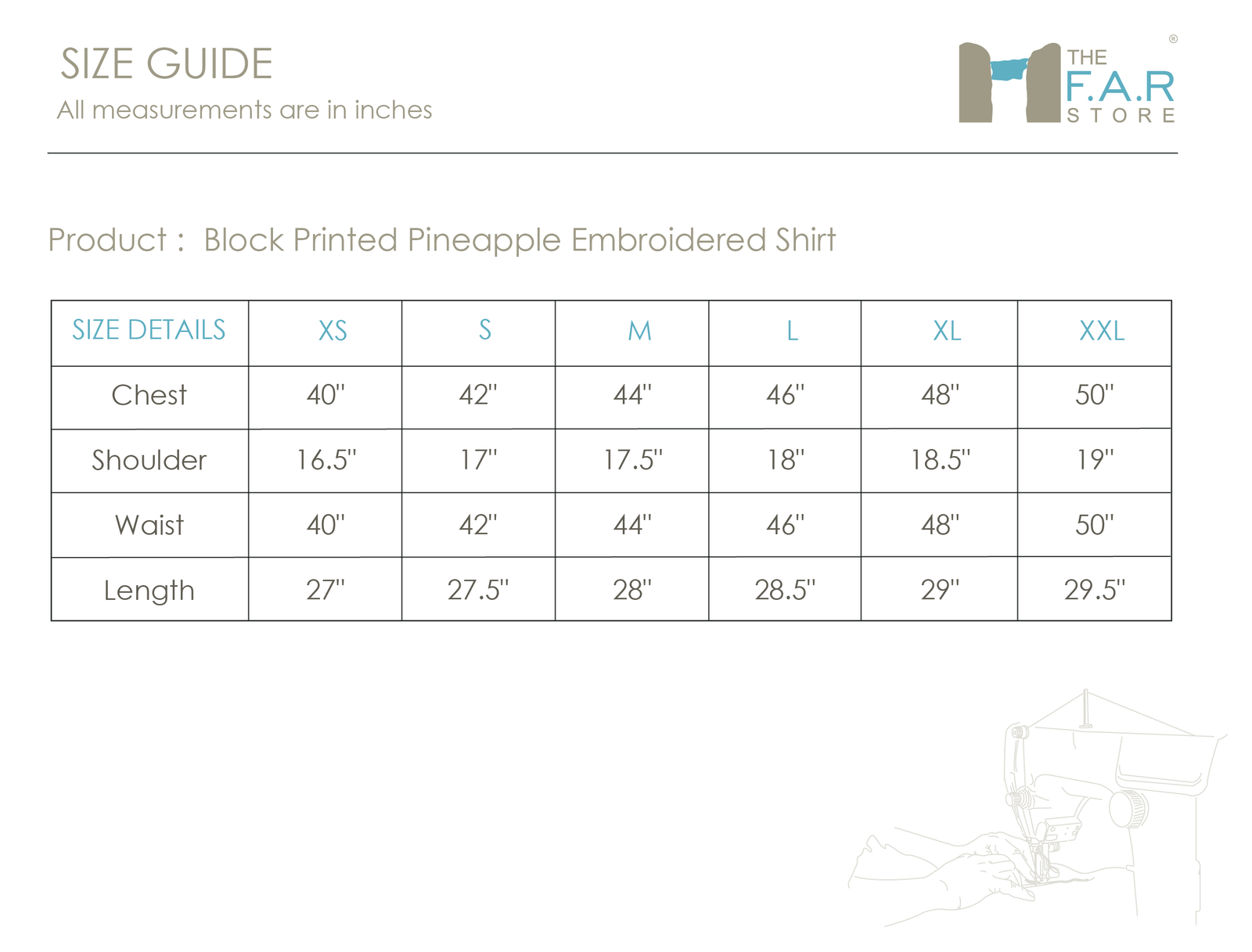 Block Printed Pineapple Emroidered Shirt Size Guide
