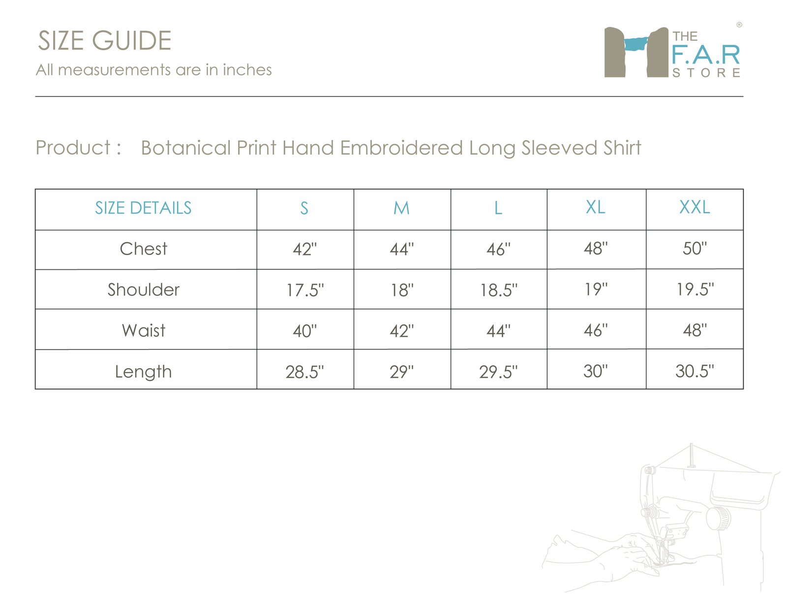 Botanical Print Hand Embroidered Long Sleeve Shirt Size Guide