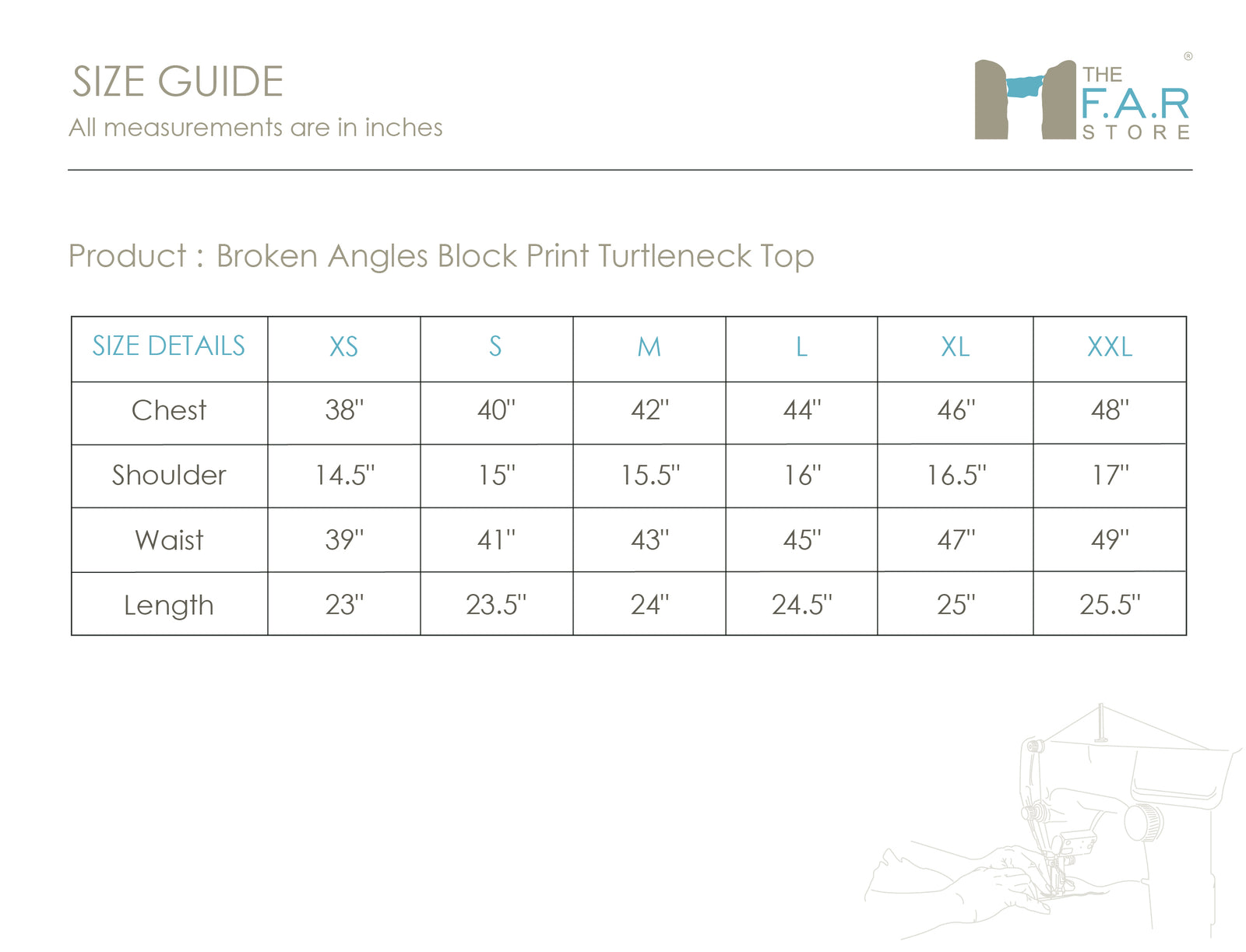 Broken Angles Block Print Turtleneck Top Size Guide