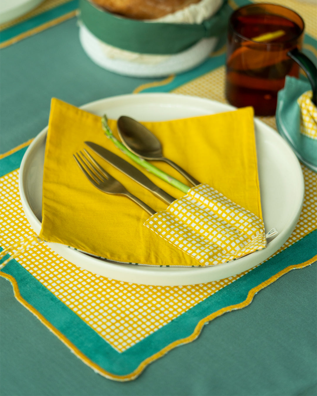 Set of 2 - Yellow & Green Checks Cutlery Case