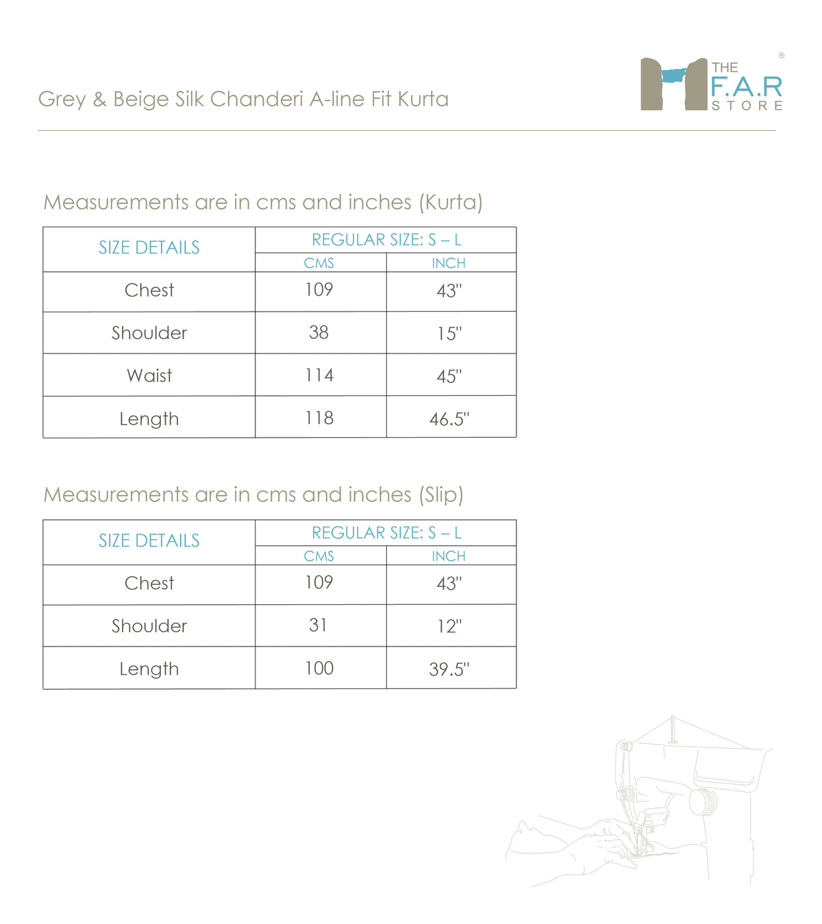 Grey & Beige Silk Chanderi A-line Fit Kurta Size Guide