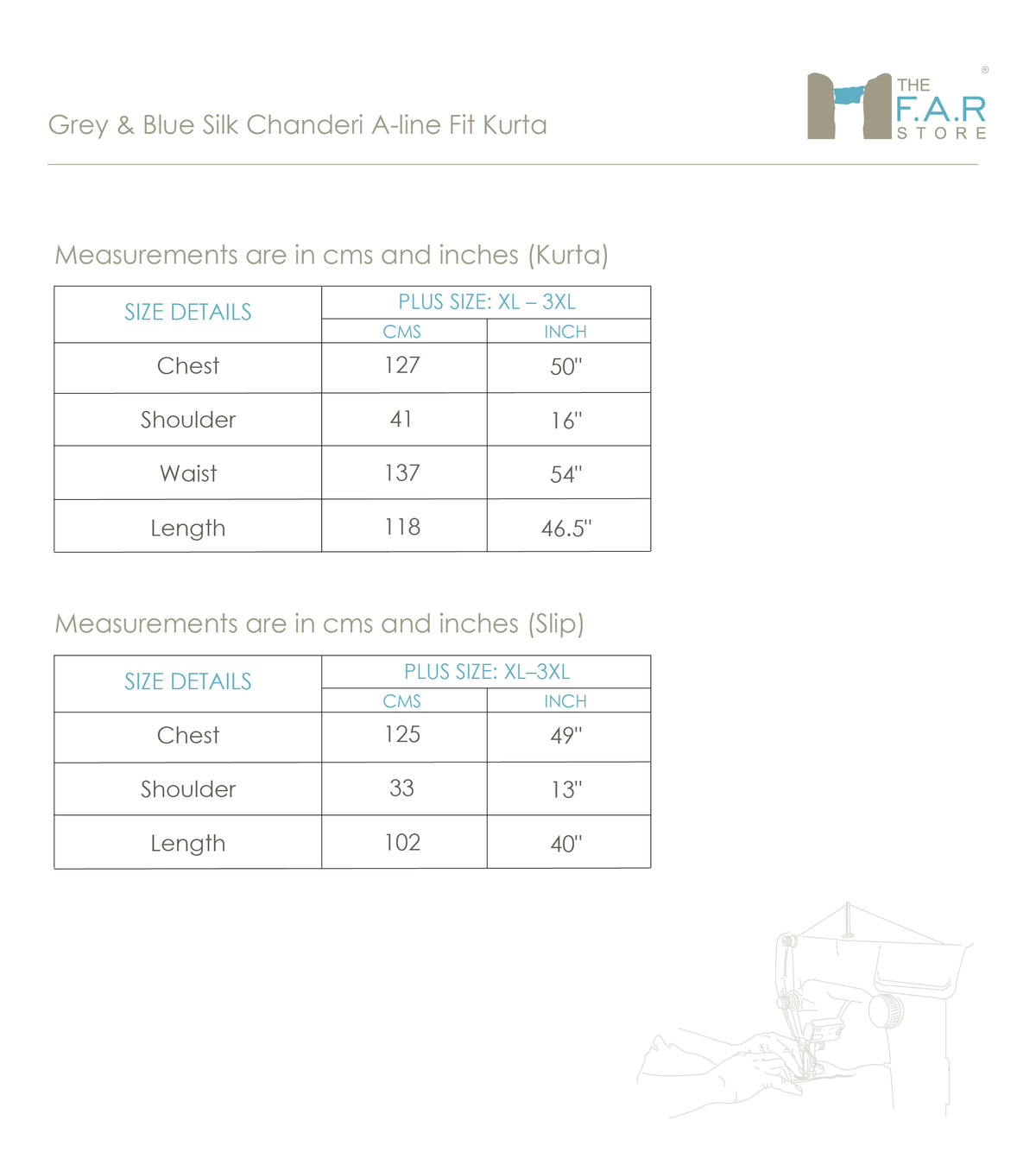 Plus Size Grey & Blue Silk Chanderi A-line Fit Kurta Size Guide