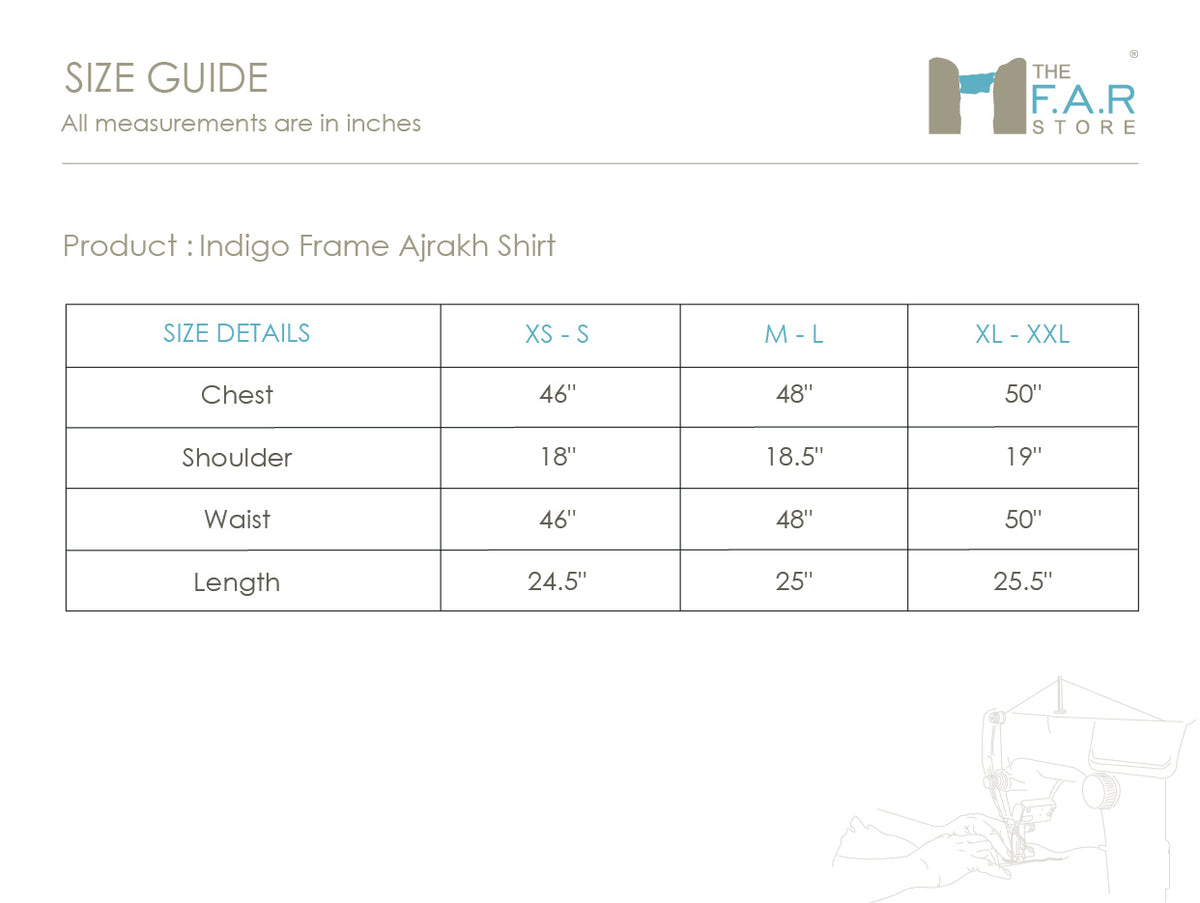 Indigo Frame Ajrakh Shirt Size Guide