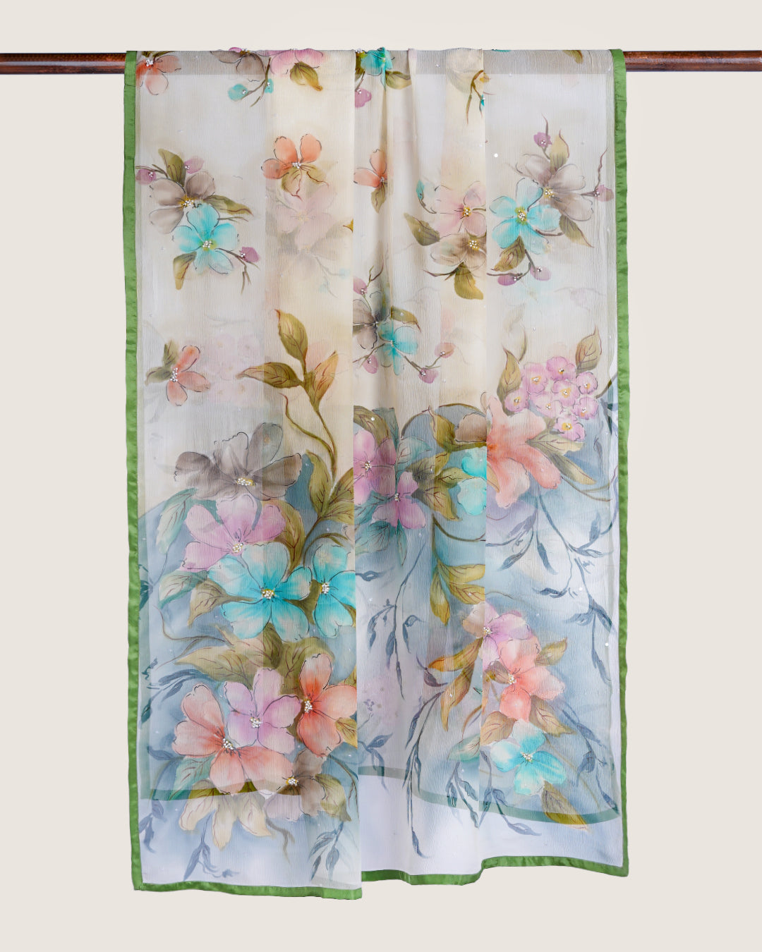 Grey Green Gulbahaar Handpainted Chiffon Dupatta