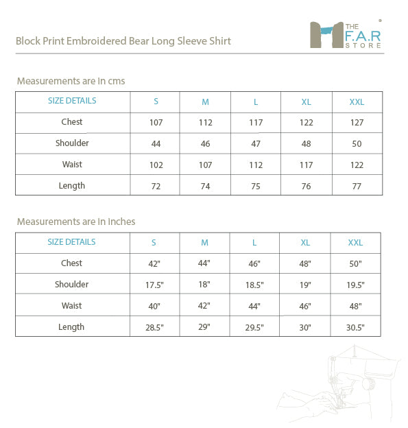 Block Print Embroidered Bear Long Sleeve Shirt Size Guide