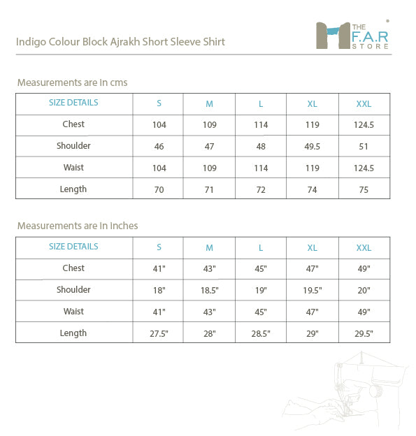 Indigo Colour Block Ajrakh Short Sleeve Shirt Size Guide