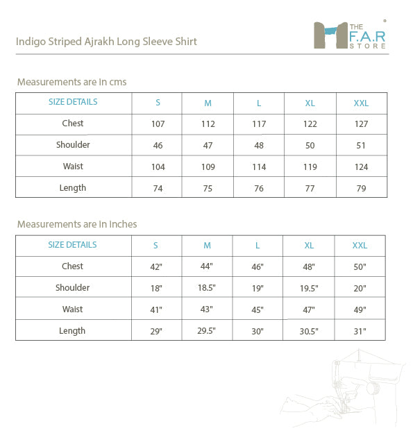 Indigo Striped Ajrakh Long Sleeve Shirt Size Guide