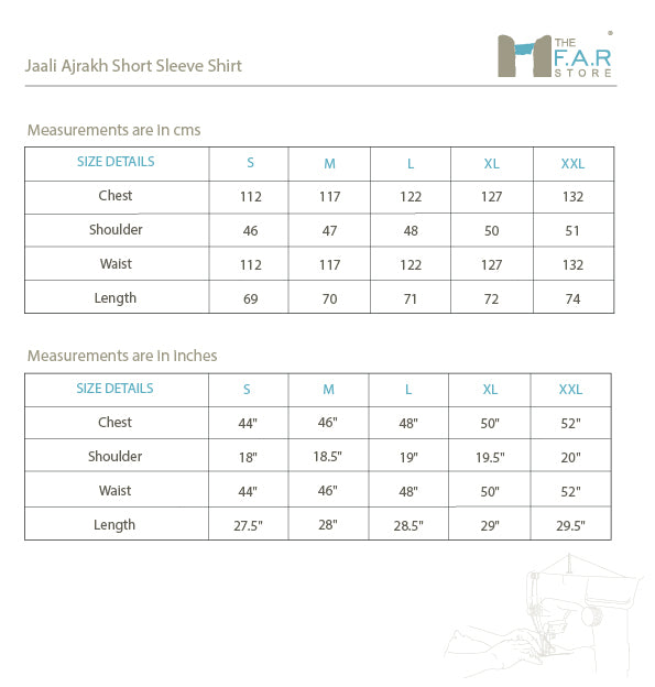 Jaali Ajrakh Short Sleeve Shirt Size Guide