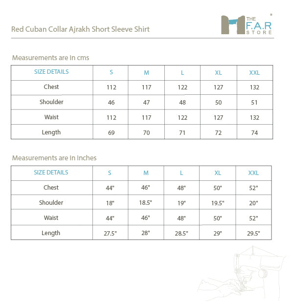 Red Cuban Collar Ajrakh Short Sleeve Shirt Size Guide