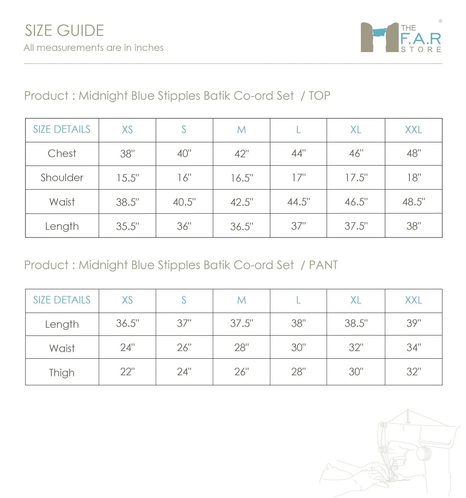Midnight Blue Stipples Batik Co-ord Set Size Guide