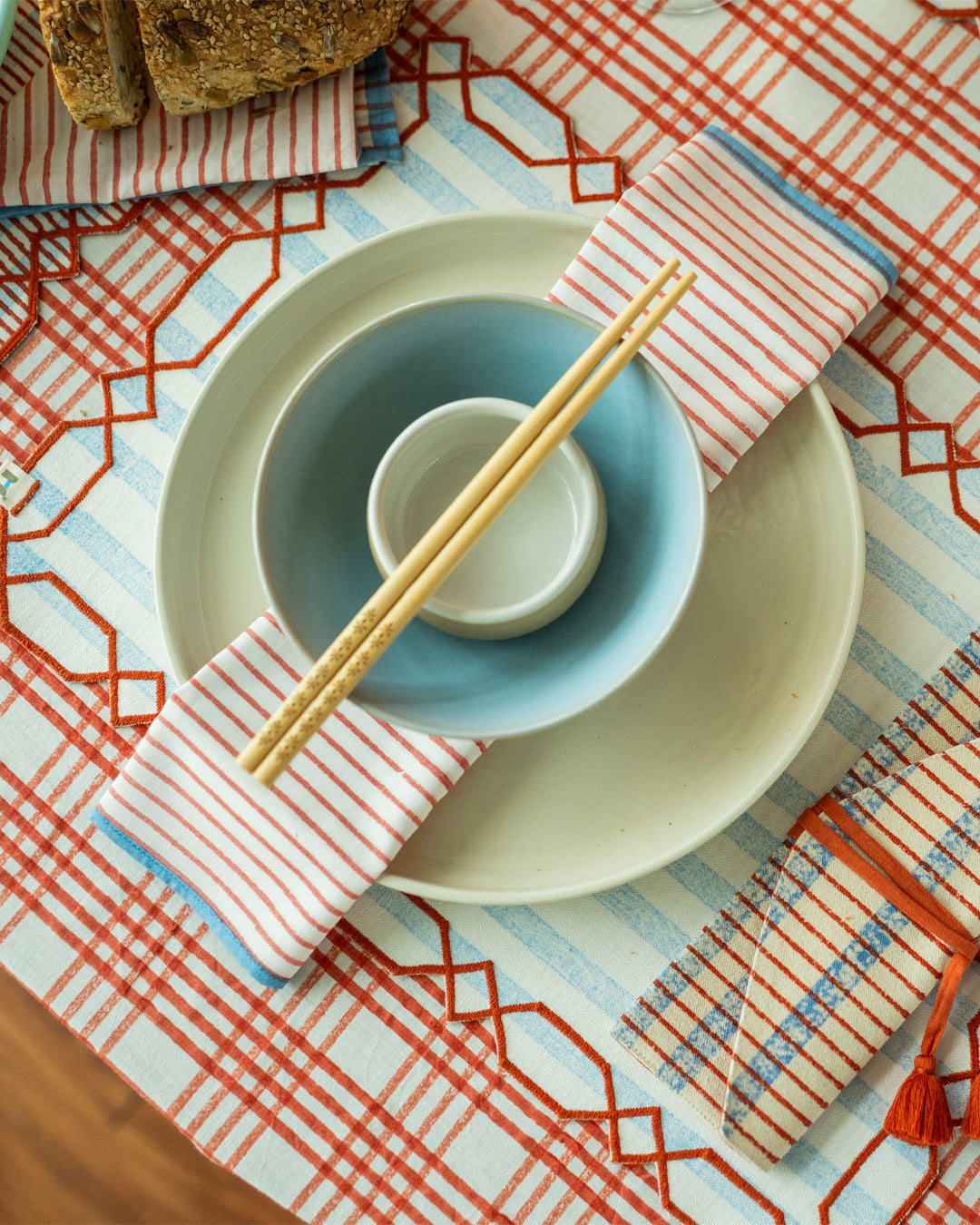 Set of 6 - Rust & Blue Checks Table Napkins