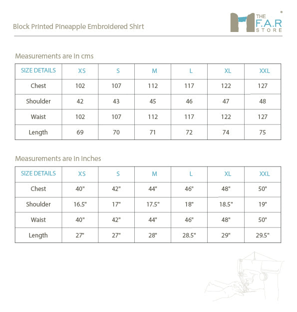 Block Printed Pineapple Emroidered Shirt Size Guide