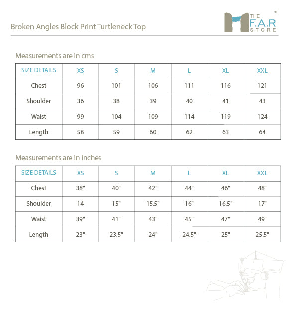 Broken Angles Block Print Turtleneck Top Size Guide