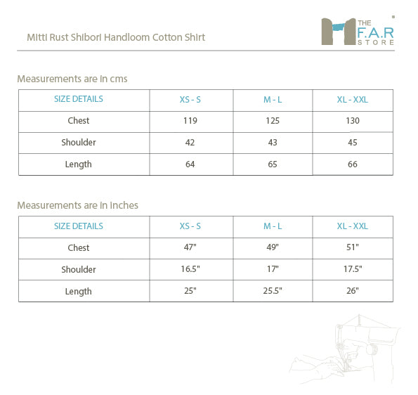 Mitti Rust Shibori  Handloom Cotton Shirt Size Guide