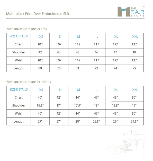 Multi-block Print Deer Embroidered Shirt Size Guide