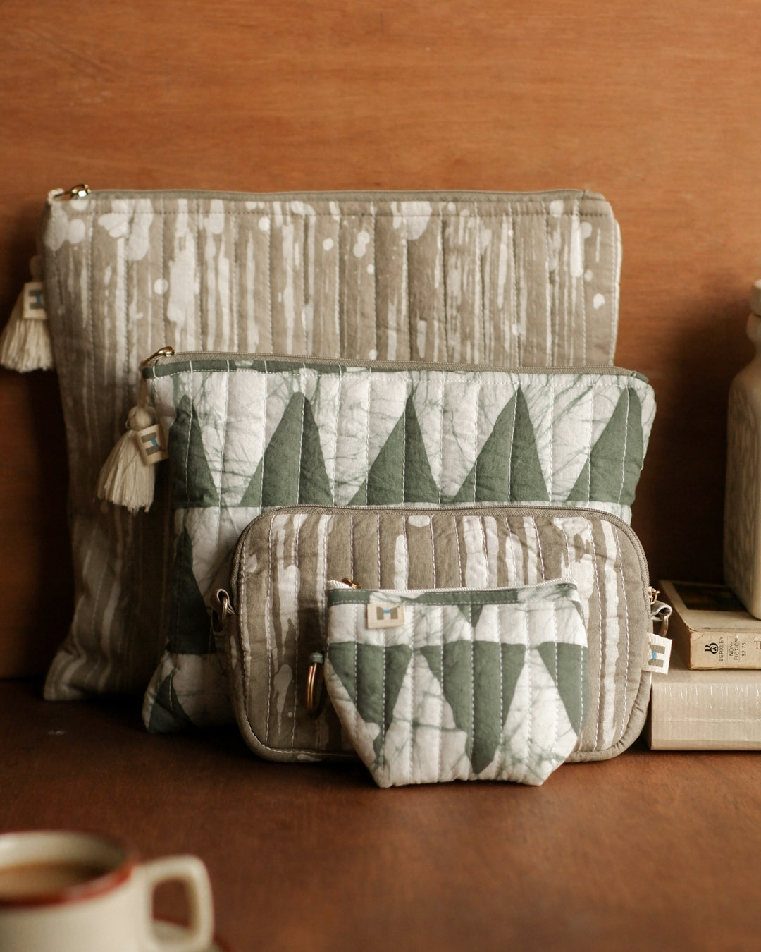 Set of 4 - Geometric Stripes Grey & Green Flat Pouch
