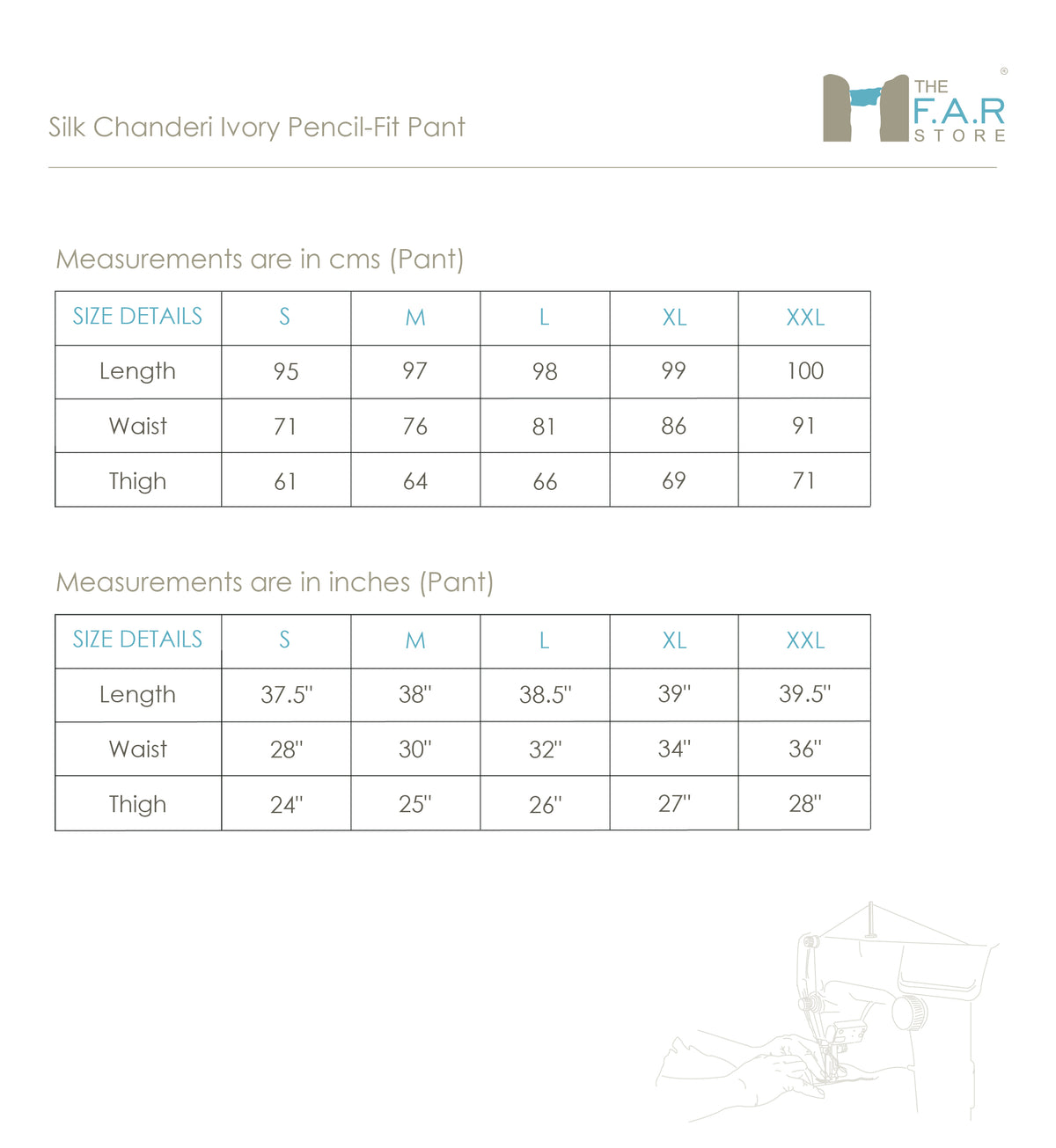 Silk Chanderi Ivory Pencil-Fit Pants Size Guide