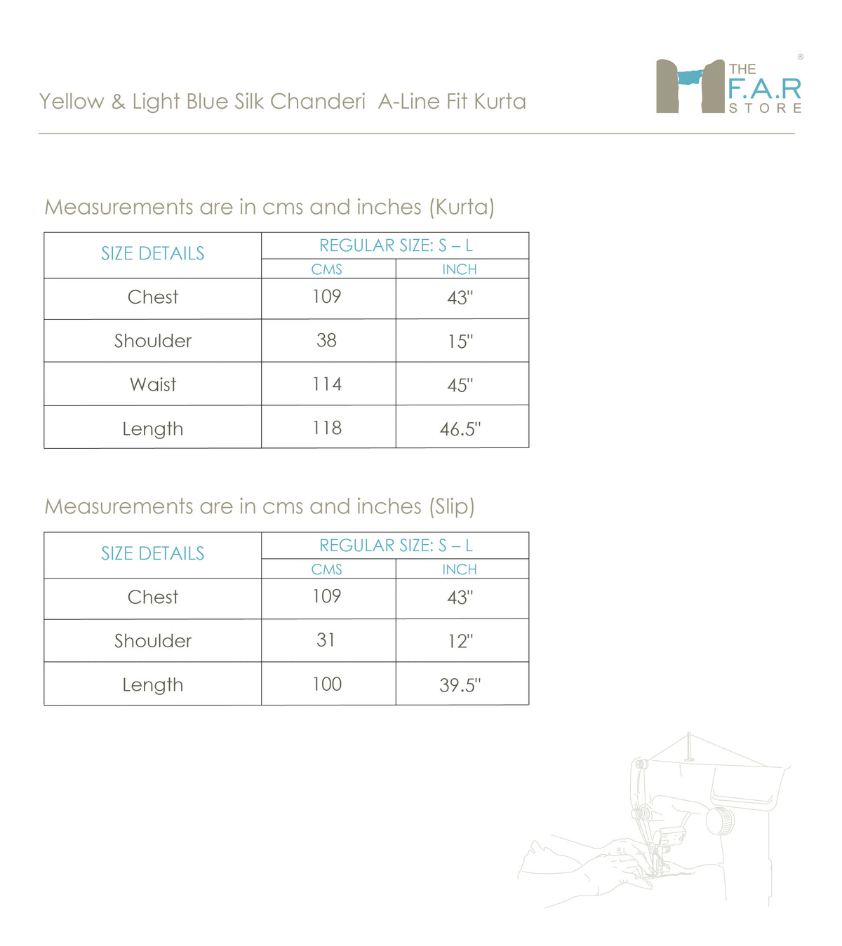 Yellow & Light Blue Silk Chander A-Line Fit Kurta Size Guide